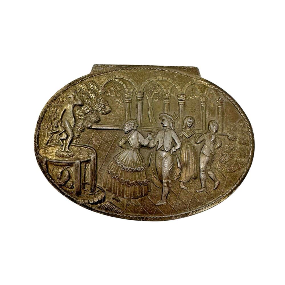 Vintage Oval Metal Jewelry Trinket Box Japan Scene Relief 3.75” w/ Red Lining